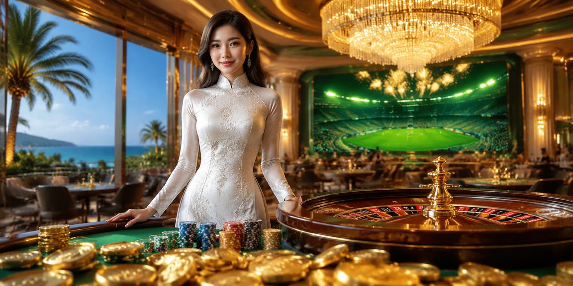 Cảnh bãi biển Phú Quốc với bàn roulette và áo dài truyền thống Việt Nam